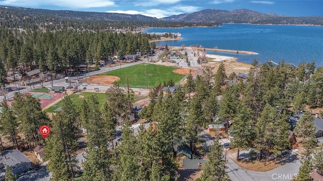 birds eye view of property featuring a water and mountain view