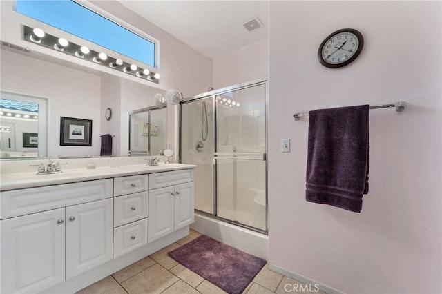 full bath with tile patterned flooring, a stall shower, and visible vents
