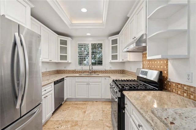 kitchen featuring open shelves, a sink, stainless steel appliances, recessed lighting, and under cabinet range hood