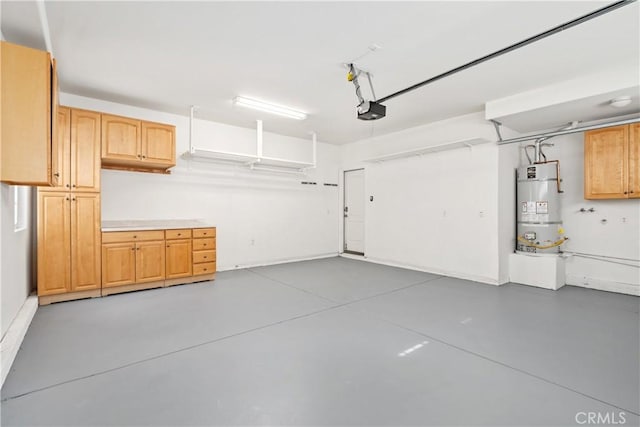 garage featuring a garage door opener and water heater