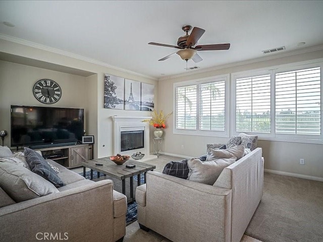 37192 Amateur Way, Beaumont, CA 92223 - carpeted living room featuring baseboards, a ceiling fan, crown molding, and visible vents