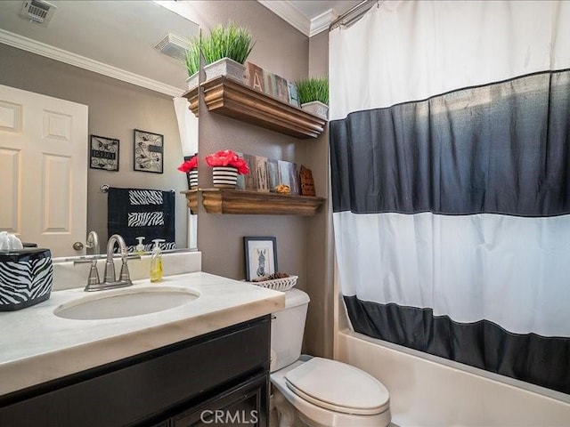 37192 Amateur Way, Beaumont, CA 92223 - bathroom featuring shower / bath combo, toilet, visible vents, vanity, and ornamental molding