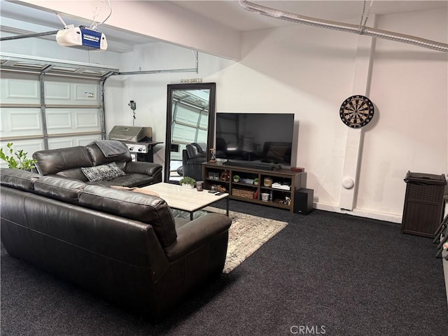 carpeted living room featuring a garage