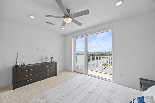 3713 Rivington, Irvine, CA 92612 - bedroom with visible vents, light carpet, access to exterior, recessed lighting, and a ceiling fan