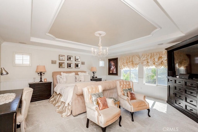7607 Corona Valley Ave, Eastvale, CA 92880 - bedroom with a raised ceiling, a chandelier, multiple windows, carpet, and ornamental molding