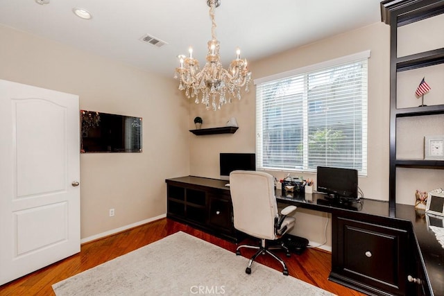 7607 Corona Valley Ave, Eastvale, CA 92880 - office with a chandelier, wood finished floors, baseboards, and recessed lighting
