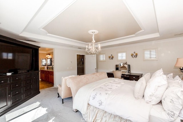 7607 Corona Valley Ave, Eastvale, CA 92880 - bedroom featuring a tray ceiling, a chandelier, wainscoting, light carpet, and ornamental molding