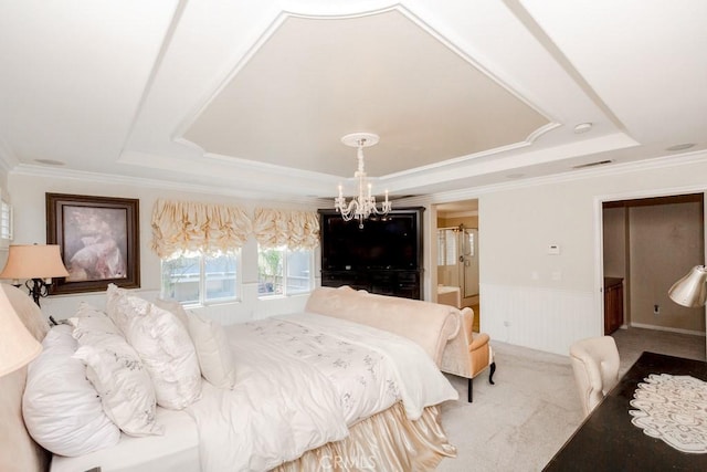 7607 Corona Valley Ave, Eastvale, CA 92880 - bedroom featuring a tray ceiling, a chandelier, wainscoting, crown molding, and carpet floors