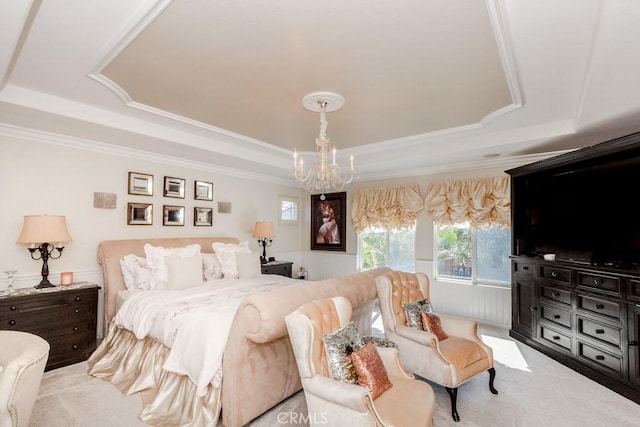 7607 Corona Valley Ave, Eastvale, CA 92880 - carpeted bedroom featuring a raised ceiling, a chandelier, and ornamental molding