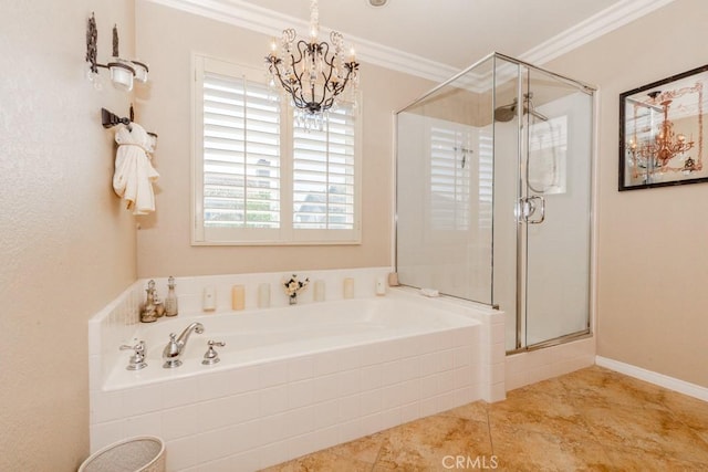 7607 Corona Valley Ave, Eastvale, CA 92880 - full bathroom featuring a chandelier, a shower stall, ornamental molding, a bath, and tile patterned flooring