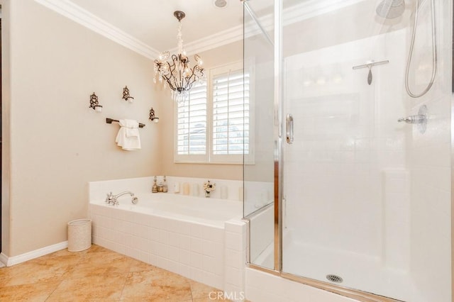 7607 Corona Valley Ave, Eastvale, CA 92880 - bathroom with crown molding, a shower stall, a garden tub, a chandelier, and tile patterned floors
