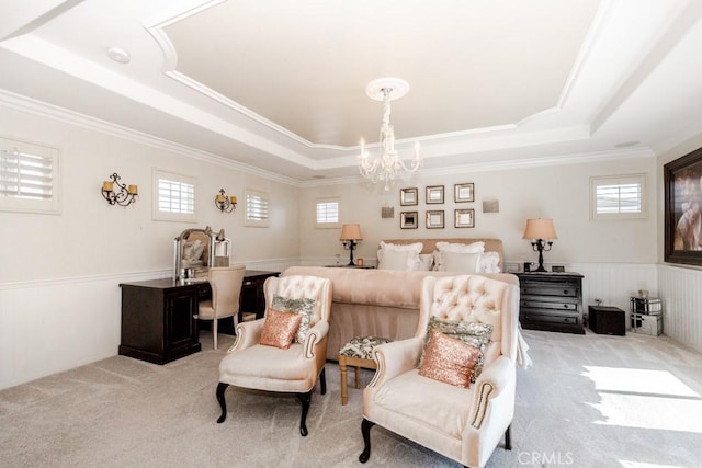 7607 Corona Valley Ave, Eastvale, CA 92880 - bedroom with a raised ceiling, light colored carpet, a chandelier, a wainscoted wall, and crown molding