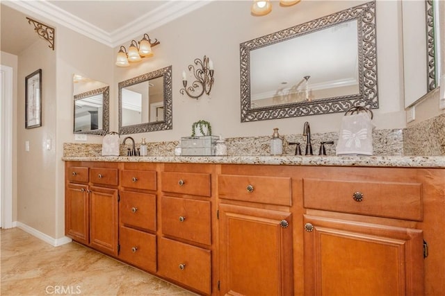 7607 Corona Valley Ave, Eastvale, CA 92880 - full bathroom featuring double vanity, ornamental molding, and baseboards