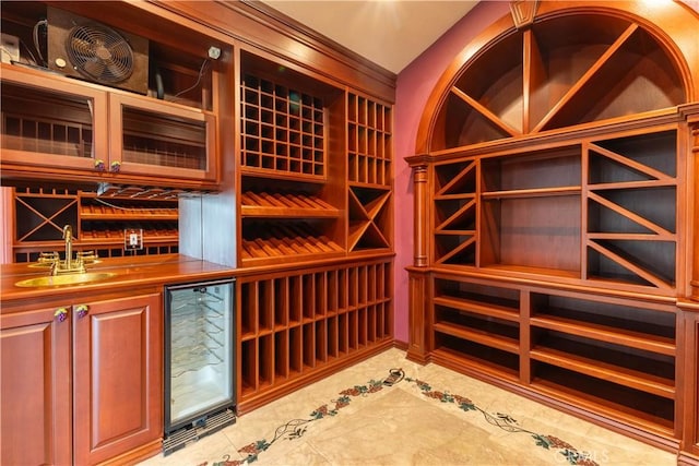 3802 E Summitridge Ln, Orange, CA 92867 - wine area with wine cooler, tile patterned floors, indoor wet bar, and a sink