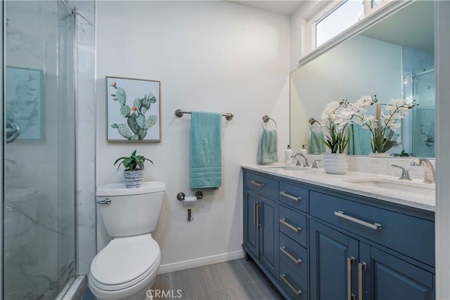 full bath featuring double vanity, a shower stall, toilet, and a sink