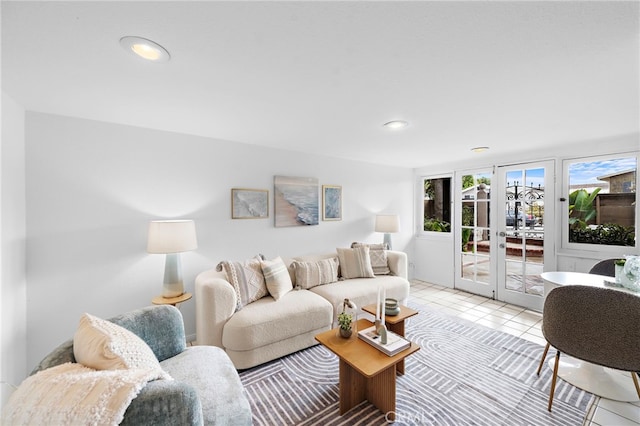 1056 Glenneyre St, Laguna Beach, CA 92651 - living room with recessed lighting, french doors, and light tile patterned floors
