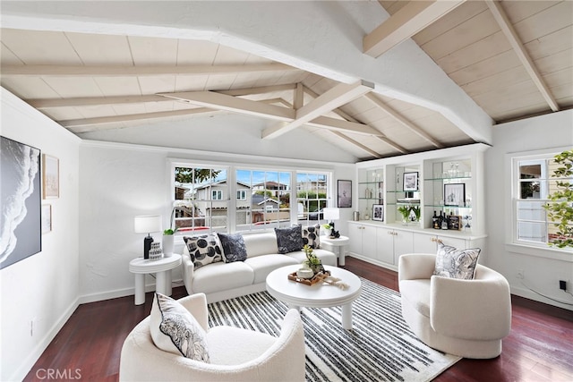 1056 Glenneyre St, Laguna Beach, CA 92651 - living area with lofted ceiling with beams, baseboards, wood finished floors, and a wealth of natural light