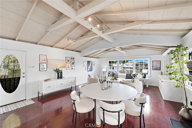 1056 Glenneyre St, Laguna Beach, CA 92651 - dining area with wood ceiling, baseboards, dark wood-style flooring, and vaulted ceiling with beams