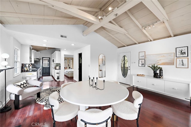 1056 Glenneyre St, Laguna Beach, CA 92651 - dining room featuring wood ceiling, dark wood-style floors, vaulted ceiling with beams, and visible vents