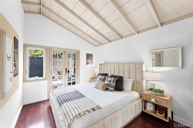 1056 Glenneyre St, Laguna Beach, CA 92651 - bedroom featuring dark wood-style floors, access to exterior, french doors, baseboards, and lofted ceiling with beams