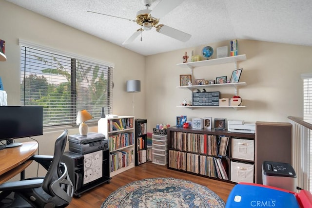 11568 Luanda St, Lakeview Terrace, CA 91342 - office space with a ceiling fan, wood finished floors, a textured ceiling, and vaulted ceiling