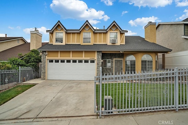 11568 Luanda St, Lakeview Terrace, CA 91342 - view of front of house featuring driveway, a chimney, stucco siding, stone siding, and a shingled roof
