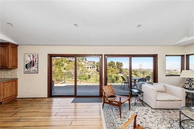 living area featuring vaulted ceiling, a healthy amount of sunlight, and light wood-style flooring