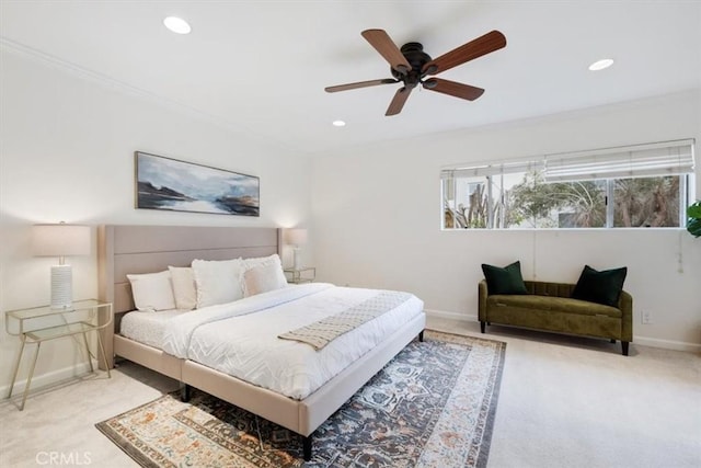 bedroom with baseboards, light colored carpet, recessed lighting, and ornamental molding