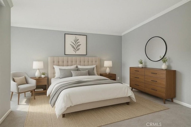 bedroom featuring light carpet, baseboards, and ornamental molding