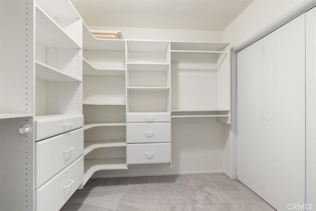 walk in closet featuring carpet flooring