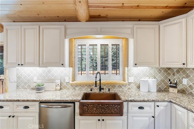 kitchen with white cabinetry, wooden ceiling, stainless steel dishwasher, and a sink