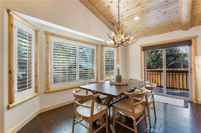dining room featuring dark wood-style flooring, baseboards, an inviting chandelier, lofted ceiling, and wooden ceiling