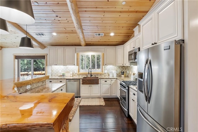 kitchen with wood ceiling, a sink, and appliances with stainless steel finishes