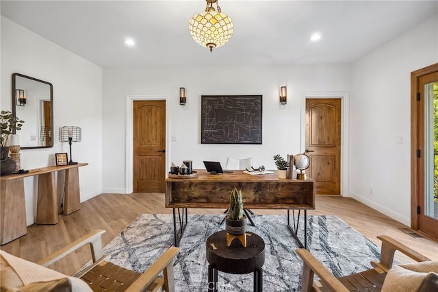 4385 Rainbow Vista Dr, Fallbrook, CA 92028 - office with light wood-style floors, baseboards, and recessed lighting