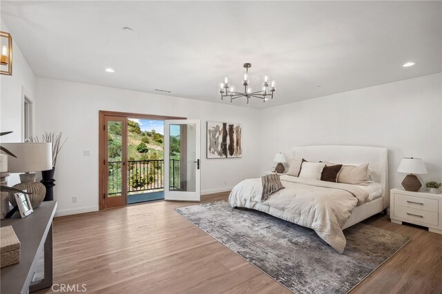 4385 Rainbow Vista Dr, Fallbrook, CA 92028 - bedroom with access to outside, a chandelier, light wood finished floors, baseboards, and recessed lighting