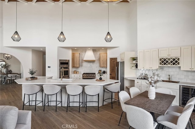 4385 Rainbow Vista Dr, Fallbrook, CA 92028 - kitchen with stainless steel appliances, custom exhaust hood, a high ceiling, wine cooler, and decorative backsplash