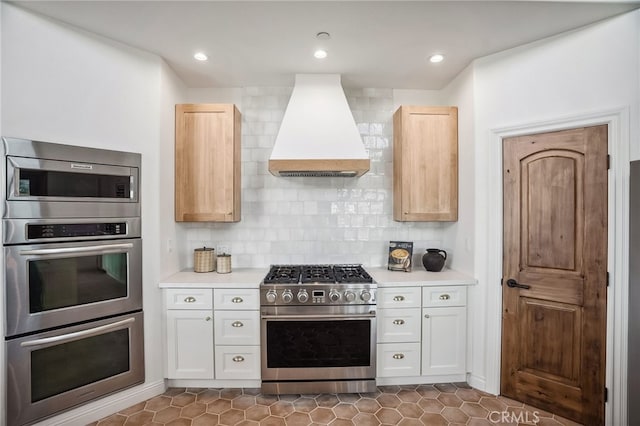 4385 Rainbow Vista Dr, Fallbrook, CA 92028 - kitchen featuring stainless steel appliances, custom exhaust hood, light countertops, decorative backsplash, and recessed lighting