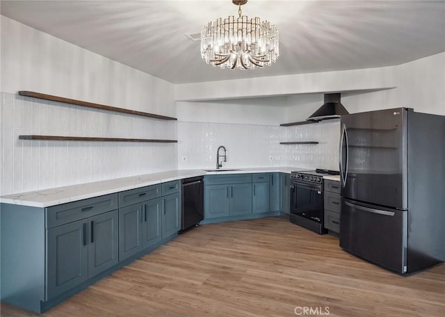 4385 Rainbow Vista Dr, Fallbrook, CA 92028 - kitchen featuring open shelves, black appliances, a sink, wall chimney range hood, and tasteful backsplash