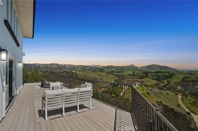 4385 Rainbow Vista Dr, Fallbrook, CA 92028 - wooden terrace with an outdoor living space and a mountain view