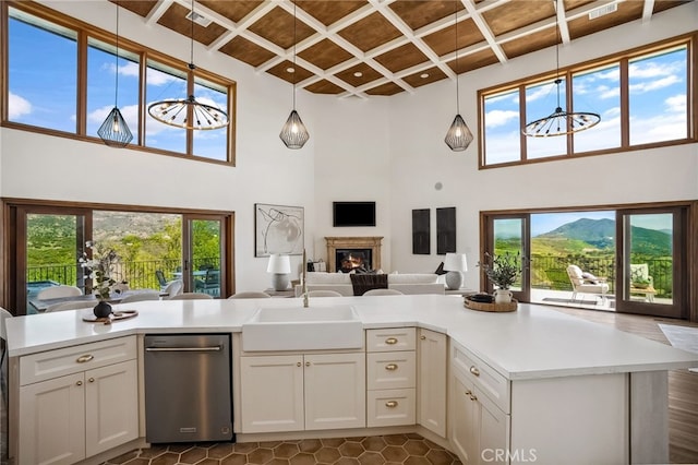 4385 Rainbow Vista Dr, Fallbrook, CA 92028 - kitchen featuring a sink, coffered ceiling, a towering ceiling, light countertops, and open floor plan