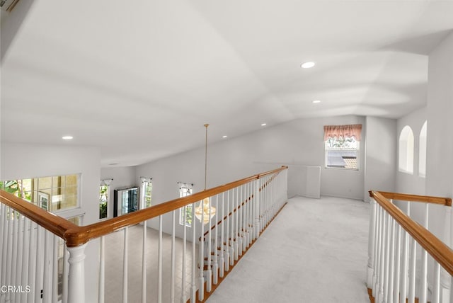 964 Vista Pointe Pl, Santa Paula, CA 93060 - corridor featuring recessed lighting, lofted ceiling, carpet flooring, and an upstairs landing