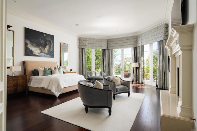 bedroom with multiple windows, crown molding, and dark wood-style flooring