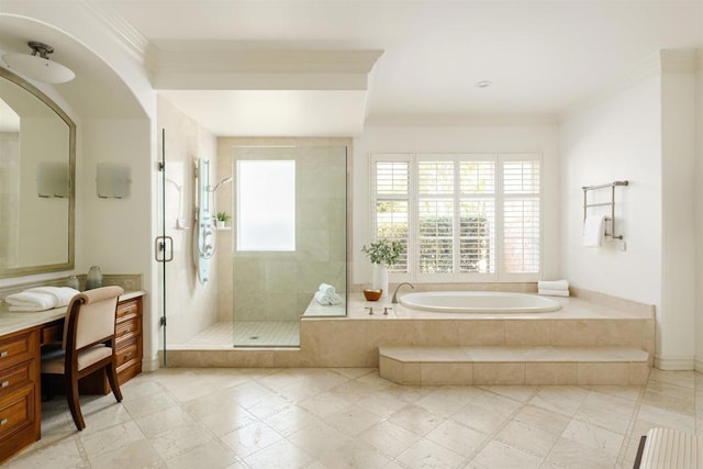 full bath featuring a bath, a shower stall, crown molding, and vanity