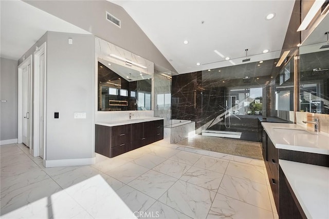 bathroom featuring recessed lighting, marble finish floor, visible vents, and baseboards