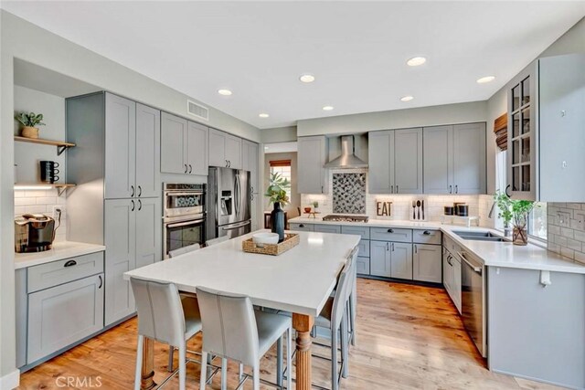 kitchen featuring visible vents, a kitchen bar, wall chimney exhaust hood, gray cabinets, and appliances with stainless steel finishes