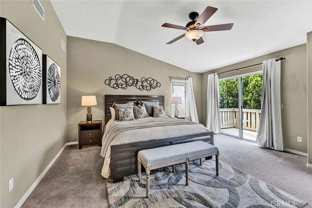 carpeted bedroom with access to outside, baseboards, lofted ceiling, and visible vents