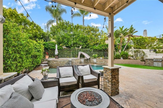 view of patio / terrace with a fenced in pool, an outdoor living space, a fenced backyard, and area for grilling