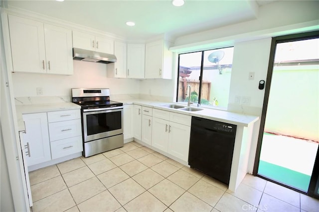 kitchen featuring a sink, stainless steel electric range, a wealth of natural light, under cabinet range hood, and black dishwasher