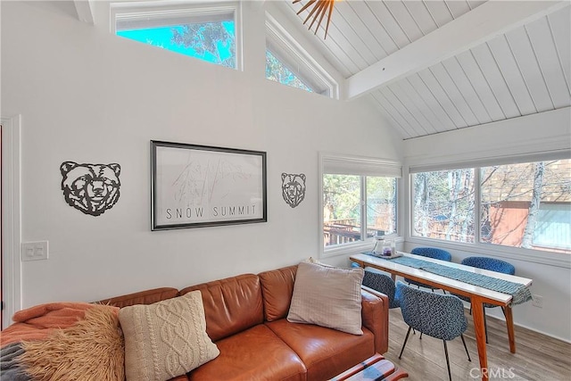 346 San Bernardino Ave, Sugarloaf, CA 92386 - living room with light wood-type flooring, plenty of natural light, and beamed ceiling
