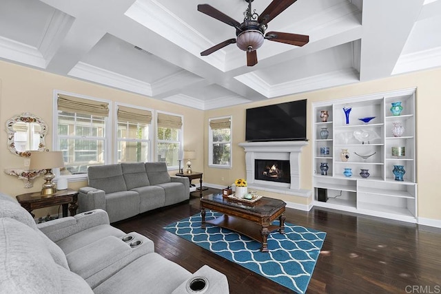 2831 Shenandoah Dr, Chula Vista, CA 91914 - living area featuring coffered ceiling, a ceiling fan, hardwood / wood-style floors, ornamental molding, and a lit fireplace